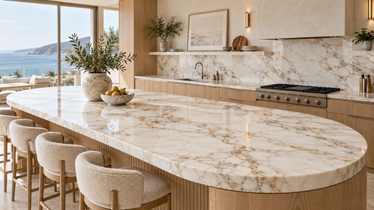 Kitchen island in Calacatta Gold marble