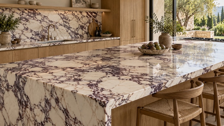 Kitchen island in Calacatta Viola marble