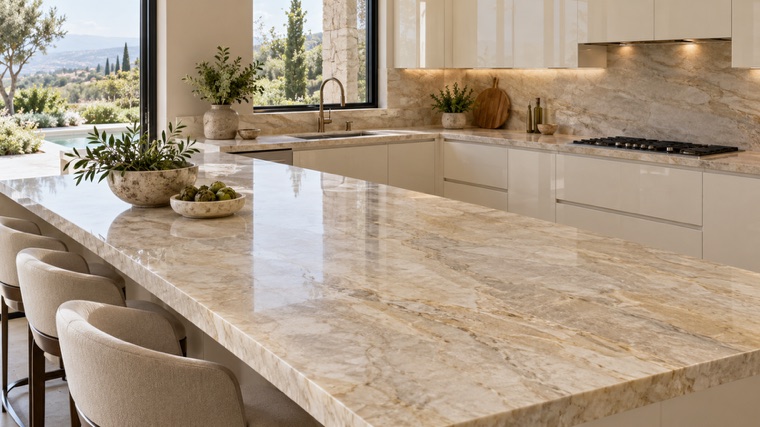 Kitchen island in Taj Mahal quartzite