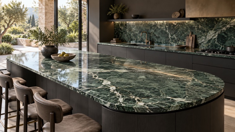 Kitchen island in Verde Alpi marble