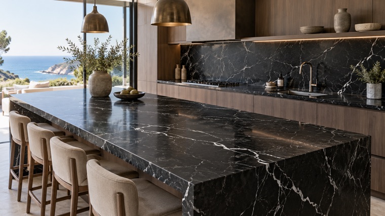 Kitchen island in Nero Marquina marble