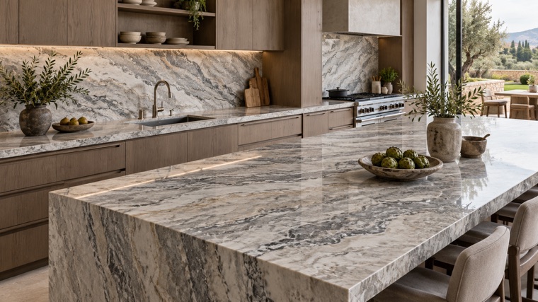 Kitchen island in Silver Wave marble