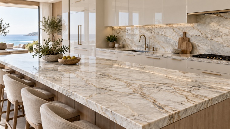 Kitchen island in Mont Blanc quartzite
