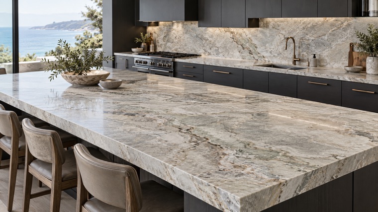 Kitchen island in Sea Pearl quartzite