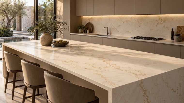 Kitchen island in ivory porcelain slab with gold veining