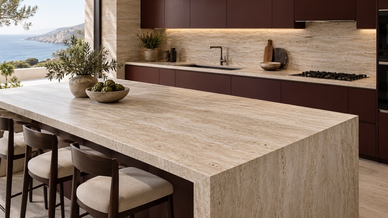 Kitchen island in travertine-look porcelain slab
