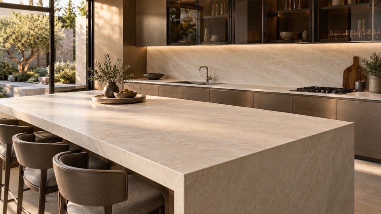 Kitchen island in limestone-look porcelain slab