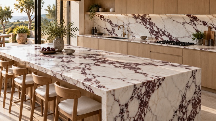 white porcelain slab with dramatic burgundy Calacatta Viola pattern island