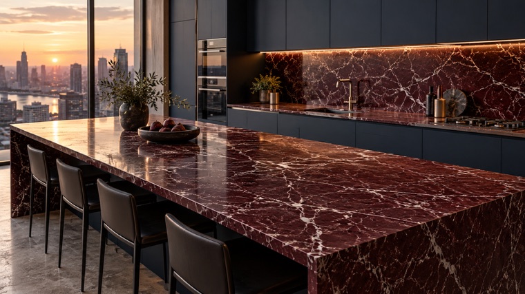 dark red porcelain slab with fine white Rosso Levanto pattern island