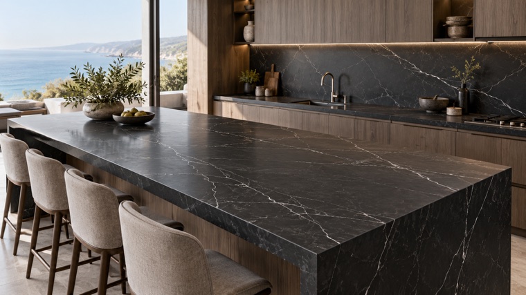 black porcelain slab with fine white marble pattern island