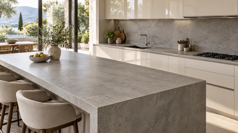 soft gray concrete-look porcelain slab island