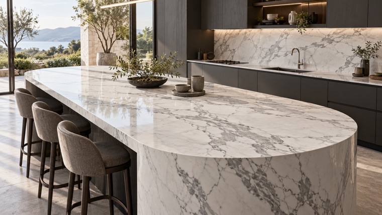 white porcelain slab with large gray Arabescato pattern island
