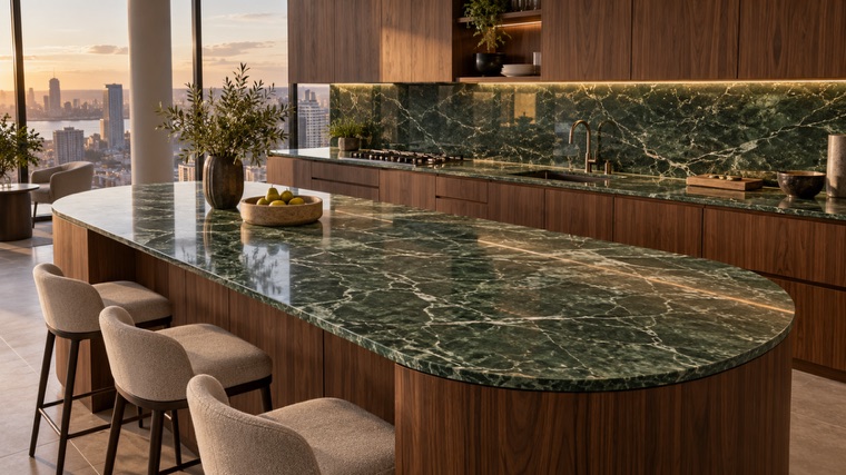 green marble-look porcelain slab island
