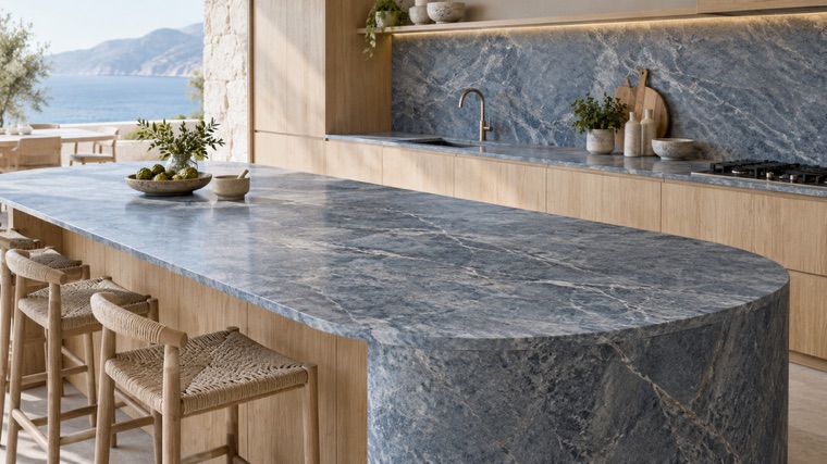blue-gray stone-look porcelain slab island