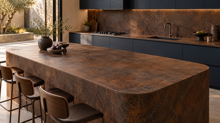 rusty brown metal-look porcelain slab island