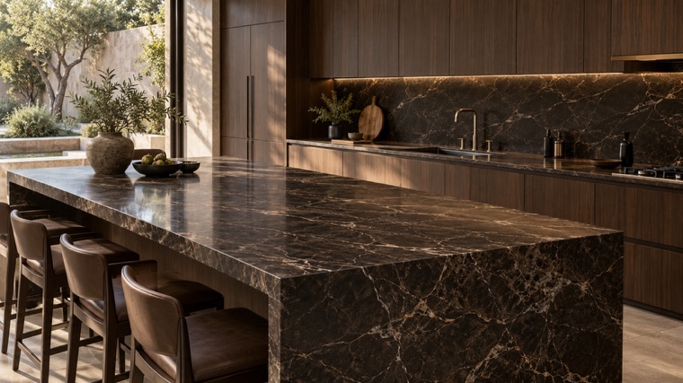 espresso marble-look porcelain slab island