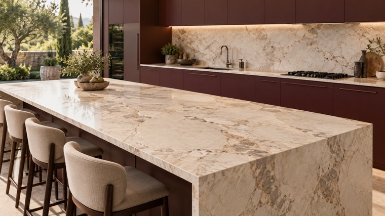 cream Breccia-look porcelain slab island