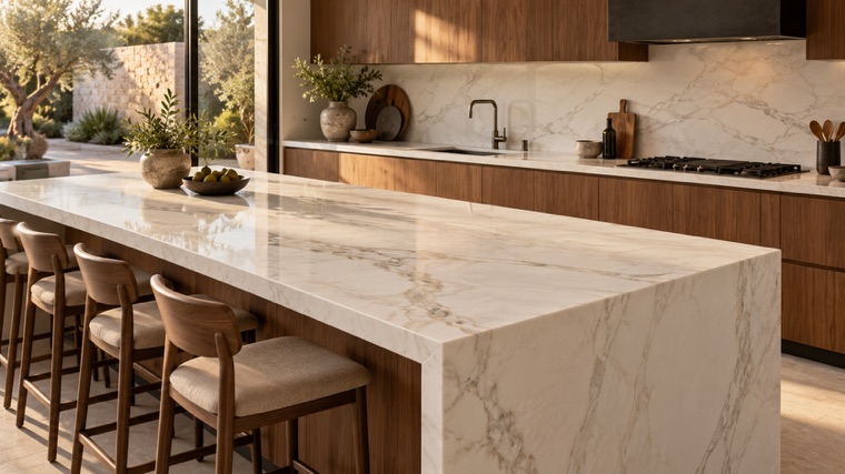 white porcelain slab with delicate warm-gray veining island