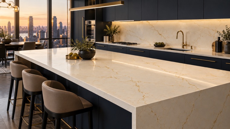 warm ivory engineered quartz with fine gold veins island