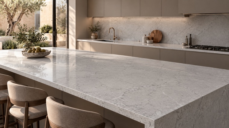 pale gray engineered quartz with fine aggregate island