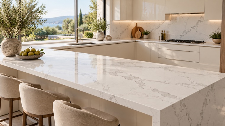 white engineered quartz with broad soft gray Calacatta-inspired veining island