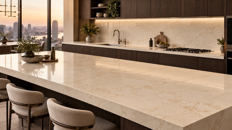 cream engineered quartz with subtle warm beige movement island