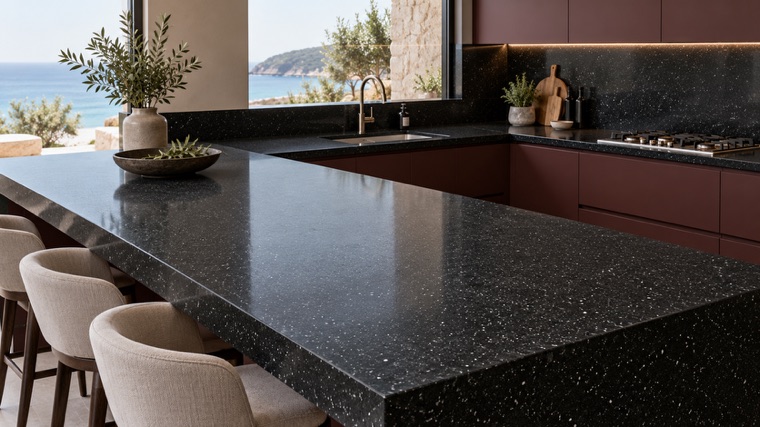 black engineered quartz with subtle white speckles island