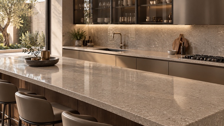 taupe engineered quartz with fine mineral grain island