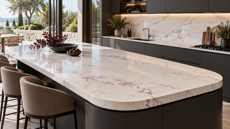 white engineered quartz with restrained burgundy veining island