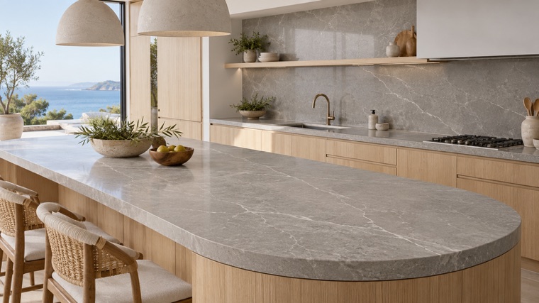 warm gray engineered quartz with subtle white veins island