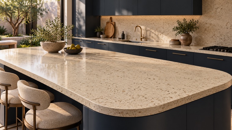beige engineered quartz with fine brown aggregate island