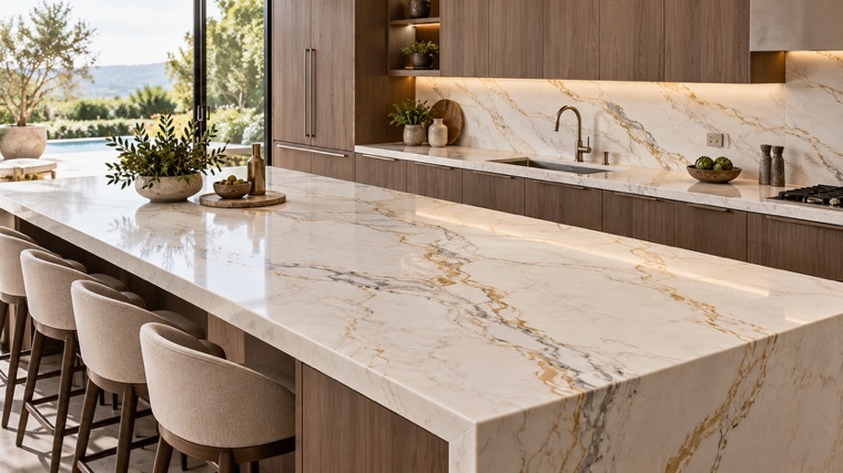 white engineered quartz with gold and gray flowing veins island