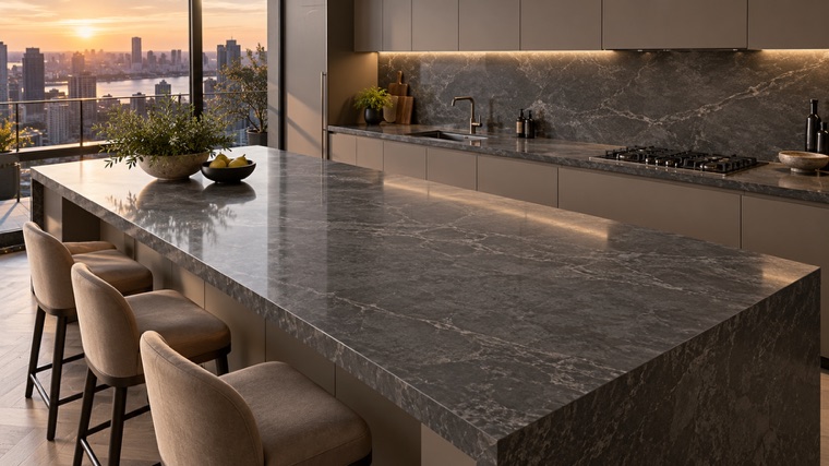 graphite engineered quartz with soft cloudy movement island