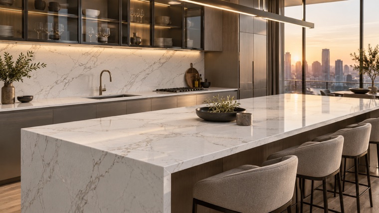 white engineered quartz with delicate branching warm-gray veins island