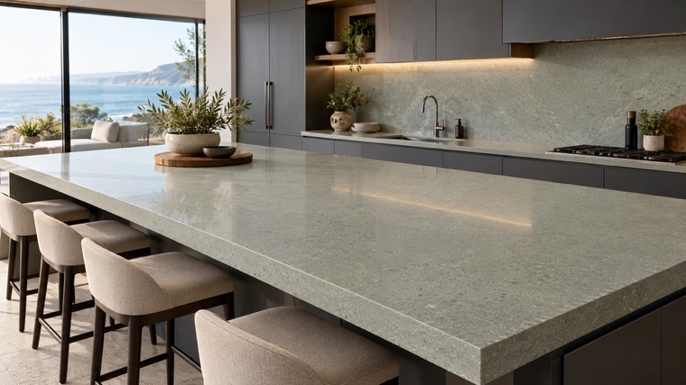 soft sage-gray engineered quartz with very fine mineral grain island
