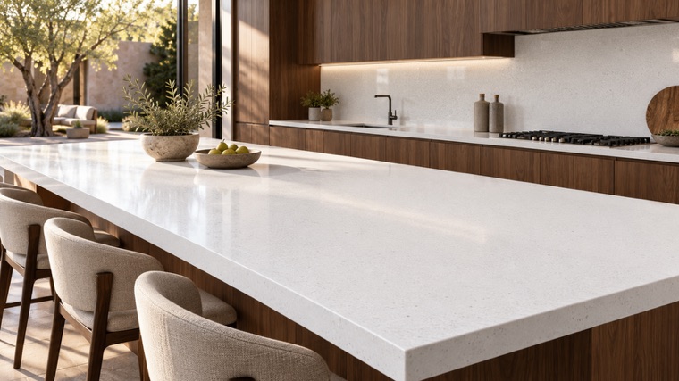 pure snowy white engineered quartz with subtle fine crystalline grain island