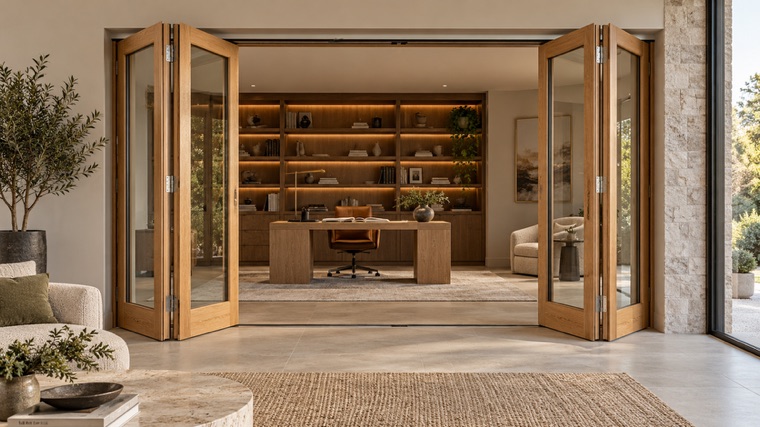 Oak and glass folding doors opening onto a study