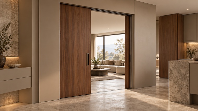 Walnut pivot door into a living room