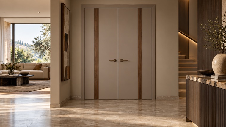 Taupe double doors with walnut inlay