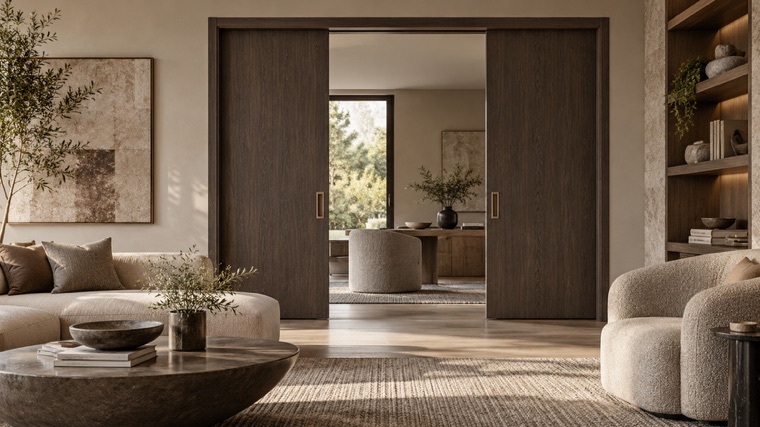 Dark sliding pocket doors into a sitting room