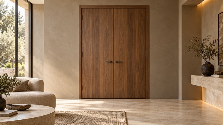 Walnut double doors into a hall