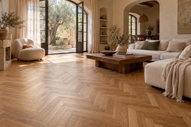 Villa living room with a caramel oak herringbone floor