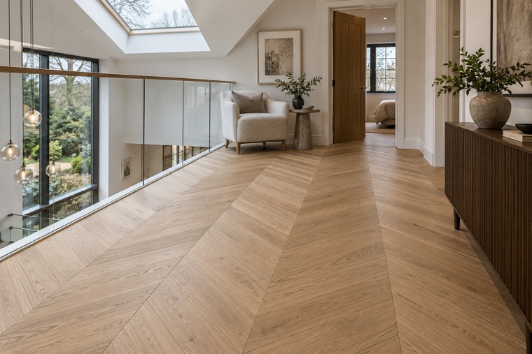 Duplex landing with a champagne oak chevron floor
