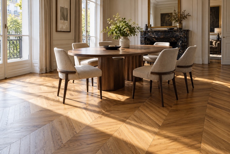 Dining room with a French chevron oak floor