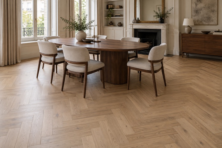 Dining room with a champagne oak herringbone floor
