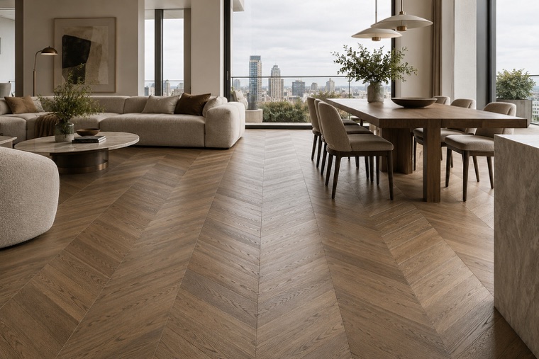City penthouse with an antique oak chevron floor