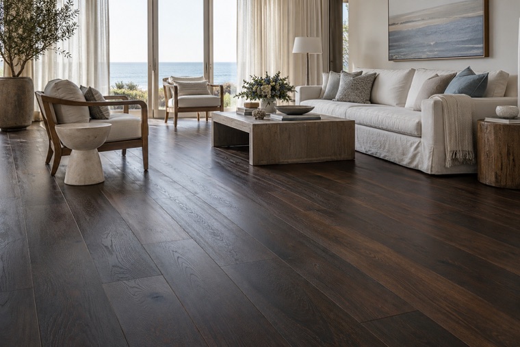 Coastal sitting room with an espresso oak floor