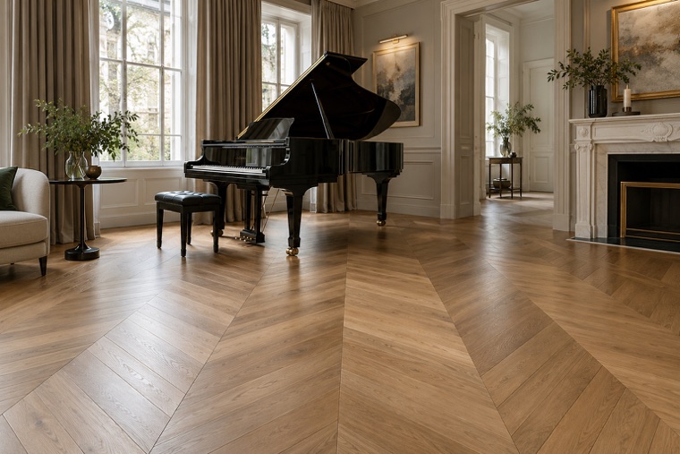 Music room with a French chevron oak floor