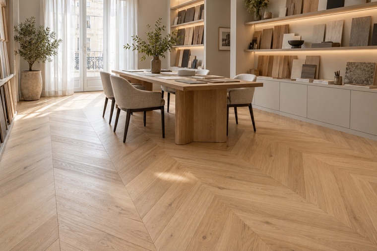 Daylit room with a French chevron oak floor