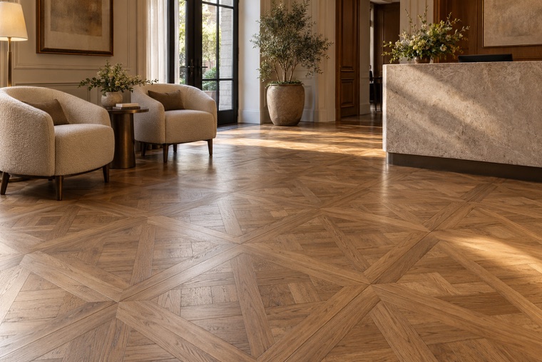 Reception hall with caramel oak Versailles panels